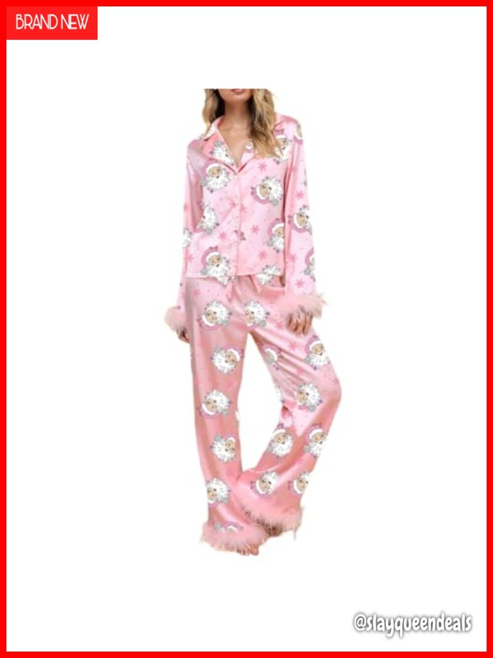 Women Feather Trim Silk Satin Pajama Set Long Sleeve Button Down Shirt and